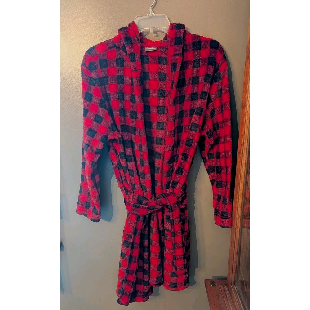Eddie Bauer Kid's Unisex Large 14/16 Red & Black Plaid Fleece Robe Belt Pockets
